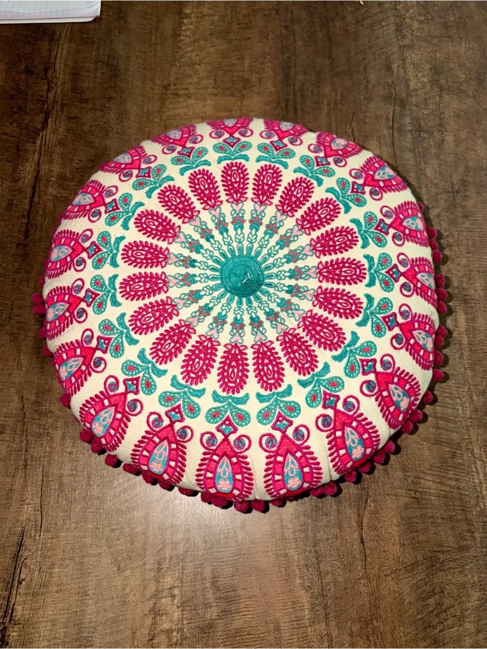 Boho Embroidered Round Pom Pillow